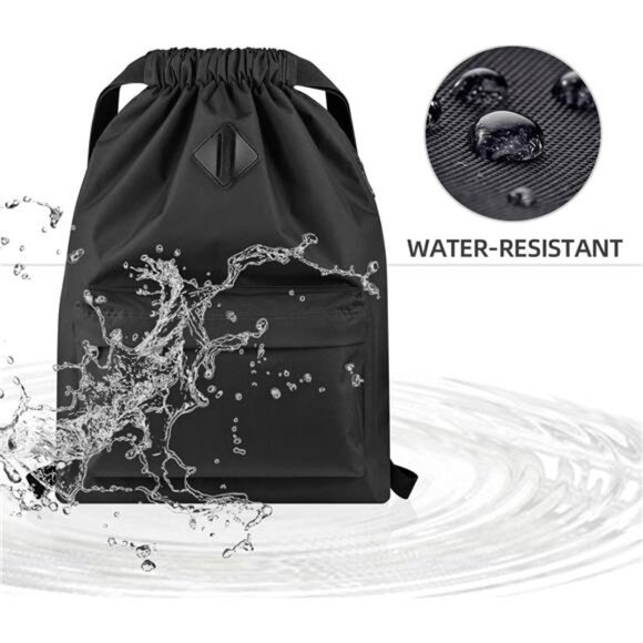 Drawstring Backpack Water Resistant String Bag Sports Gym Sack with Side Pocket - Picture 6 of 7